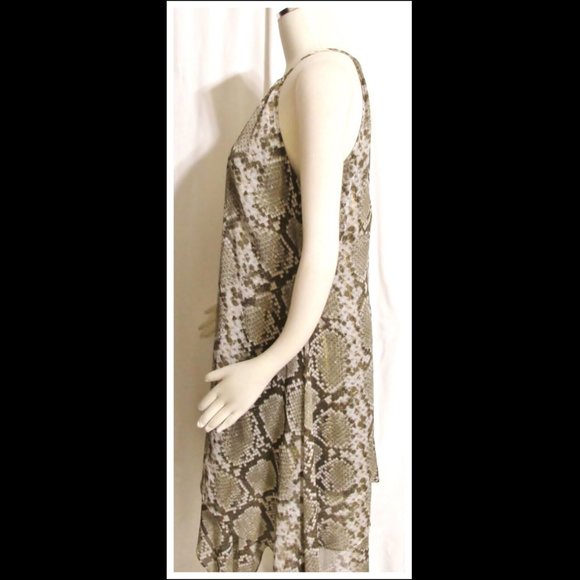 New Womens Ladies Brown & Gray Reptile Pattern Silky Asymmetrical Dress Medium - Picture 3 of 6